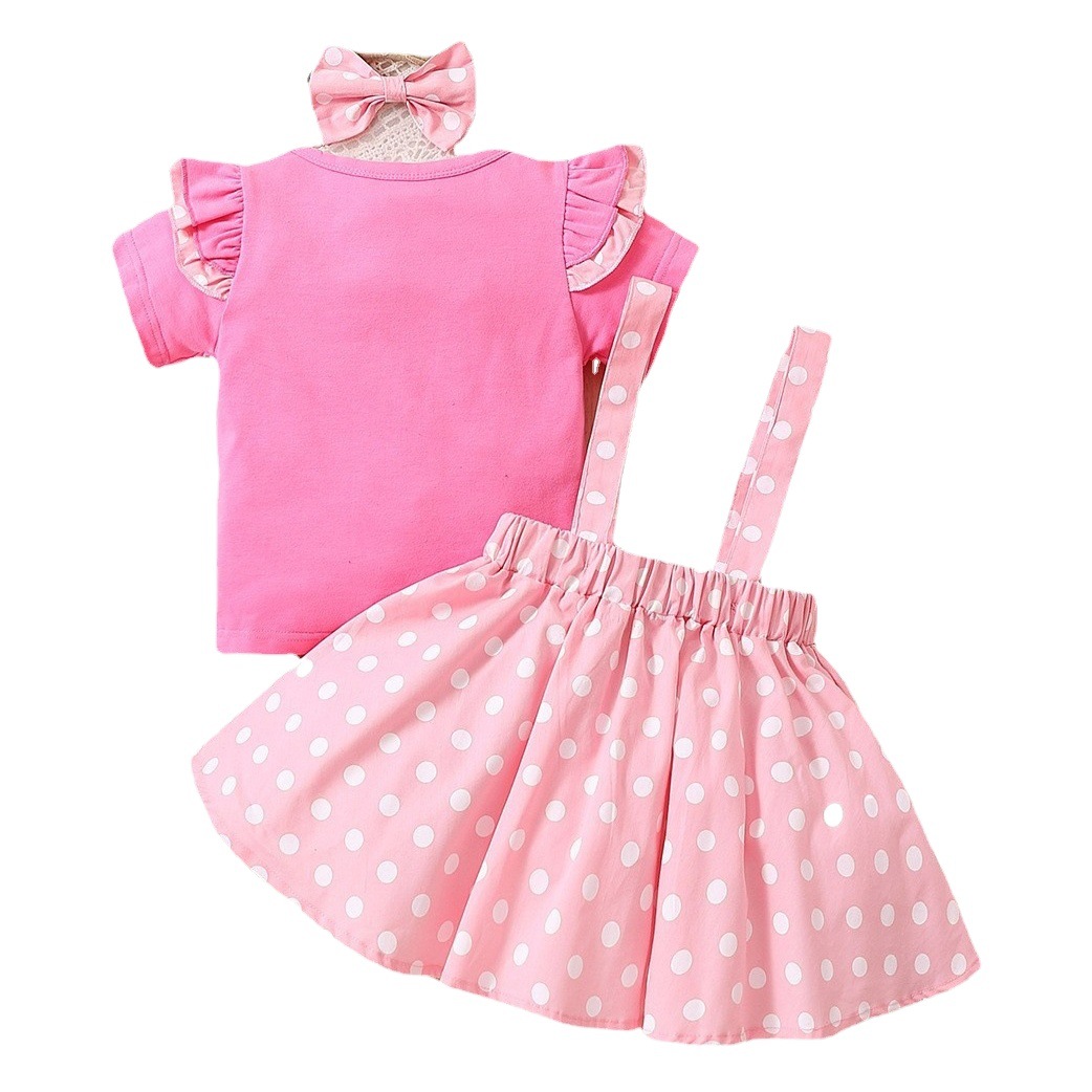 European and American children's clothing three-piece ins girls' suit small fly sleeve pink top polka dot suspender skirt hairband children's suit