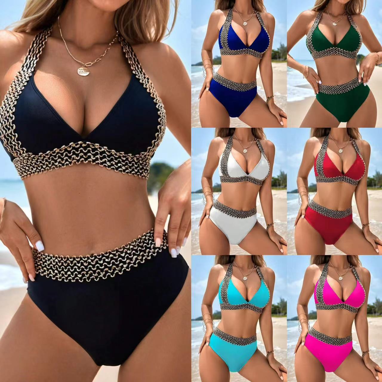 2025 New European and American Swimsuit Women's Amazon Cross-Border Separates Tight Solid Color High Waist Sexy Bikini Swimwear