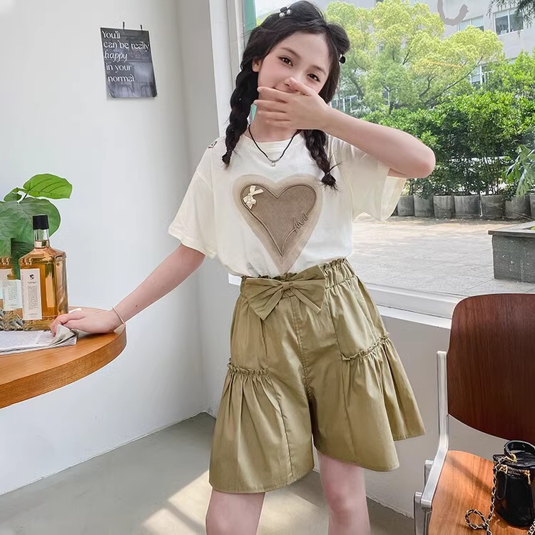 Pure Cotton Tops Girls Short-Sleeved T-Shirt Summer Suit 2025 New Style Summer Clothes for Older Children and Girls Casual Ready Stock