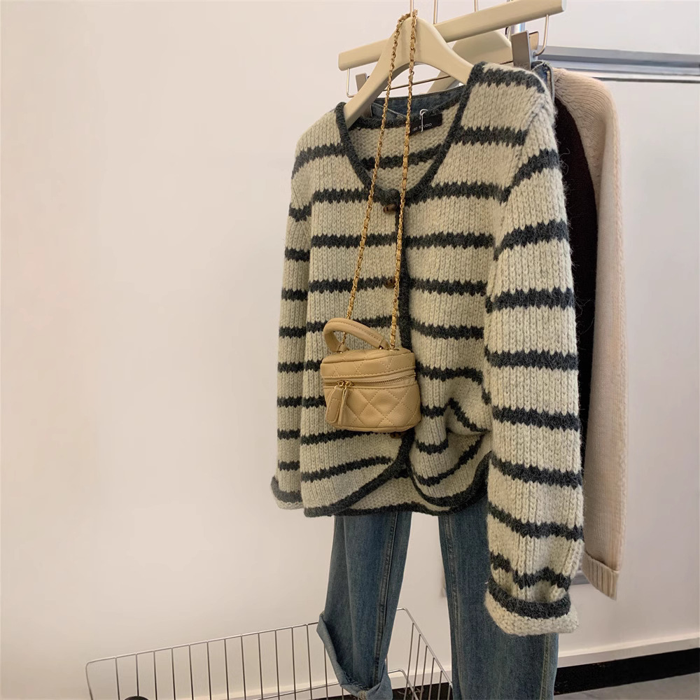Real Shot Lazy Style Striped Sweater Cardigan Design Sense Korean Style Thickened Knitted Autumn and Winter Style