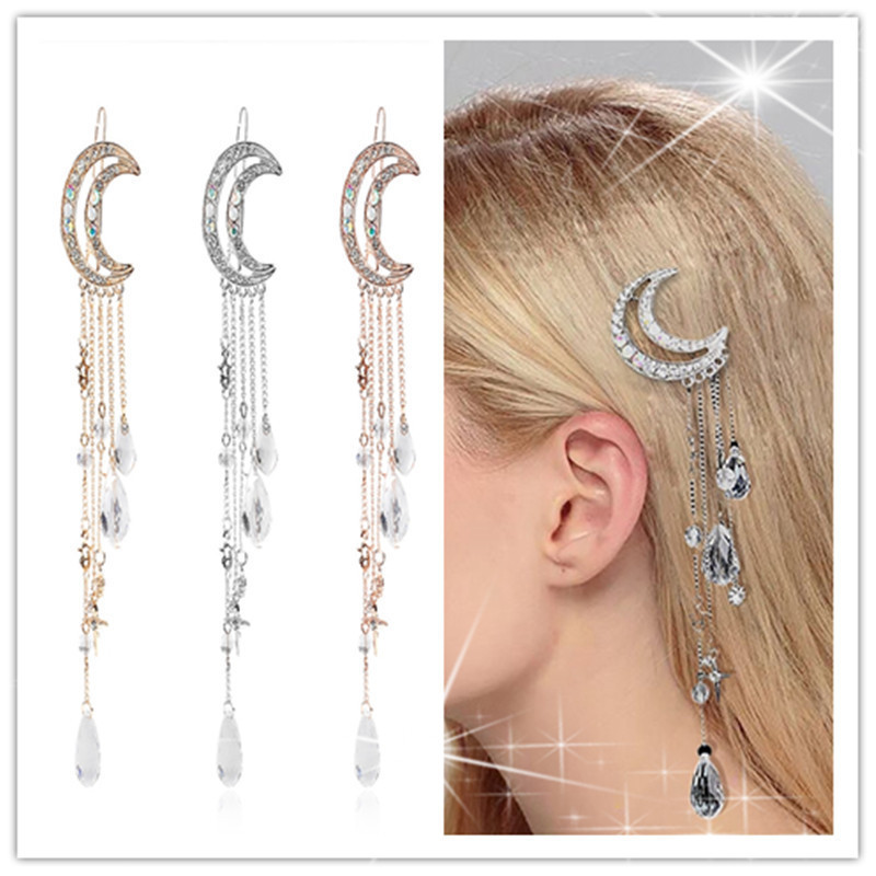 Ming Fei European and American Fashion Hair Accessories Moon Tassel Crystal Hairpin Crescent Tassel Hairpin Hair Accessories