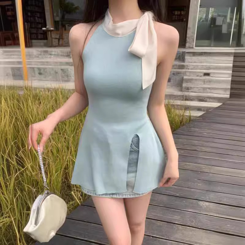 2024 bow backless neck knitted vest women slim hot girls wear blue sleeveless top wholesale