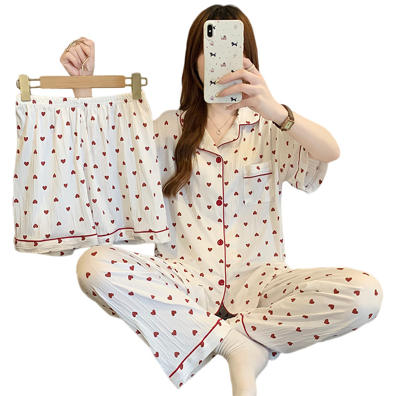 Picture of Korean warm little love summer thin short sleeve pajamas women's sweet loose home clothes wrinkled cloth three-piece set wholesale