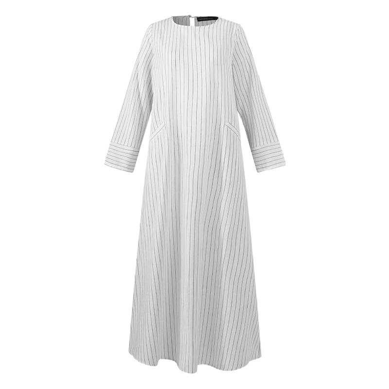 Fashion 2023 Autumn Cross-border Supply Artistic Leisure Retro Women Striped Cotton and Linen Round Neck A- line Skirt dress