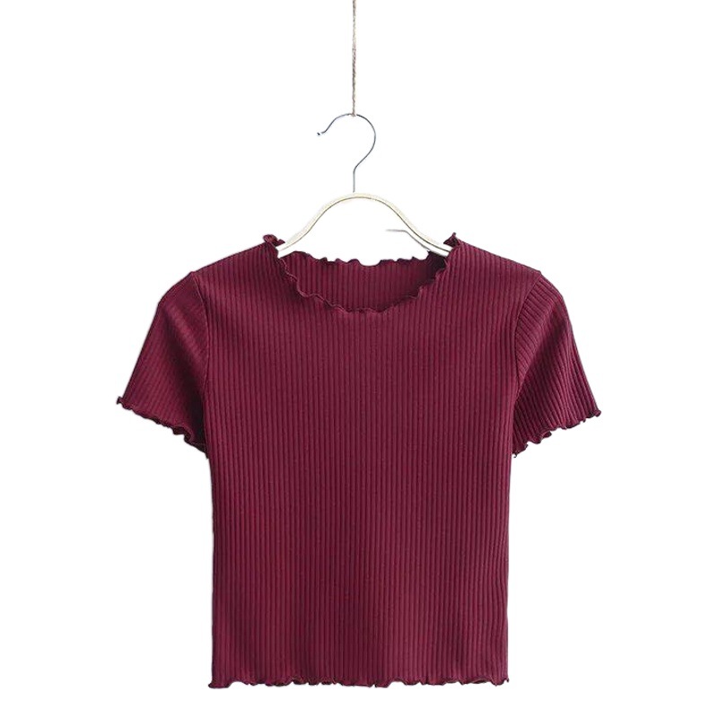 2024 Spring and Summer New European and American Style Fashion Retro Fungus Edge Slim Short Short-Sleeved T-Shirt Tops for Women