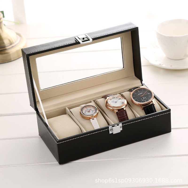 Cross-Border Spot Wholesale Pu Leather Watch Box, Velvet Lined Rectangular Flip Jewelry Storage Box
