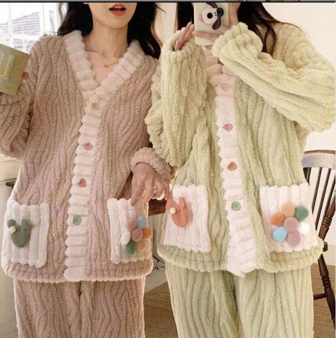 Rainbow Cardigan Two-Piece Set for Women Winter Coral Velvet Double-Sided Thickeneded Pajamas Warm Home Clothes Sweet Warm Suit