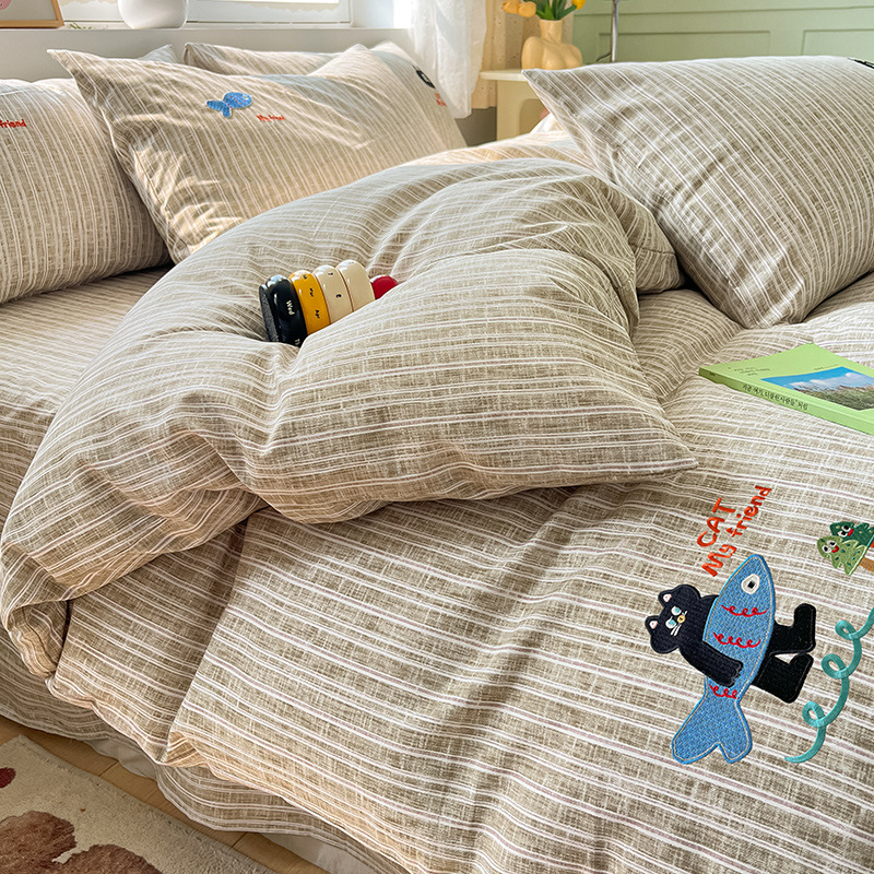 Picture of Ins wind washed cotton and linen bed four-piece set 2024 new no cotton cotton bedding three-piece set bed sheet quilt cover 4