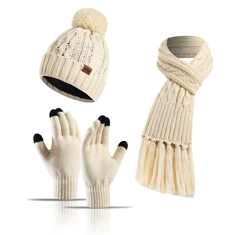 Picture of Winter Hat New Style Knitted Wool European and American Cross-Border Color Hat Thickened Scarf Touch Screen Gloves Three-Piece Set