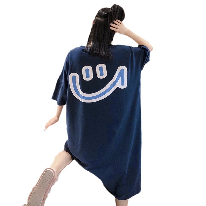 Picture of South Korea plus size T-shirt women's summer long smiley face short sleeve bottoming shirt women's loose split dress wholesale