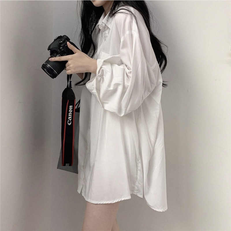 Picture of Korean Style Lazy Style Solid Color Thin Sunscreen Shirt Summer Spring Autumn Mid-length Shirt Jacket Student Long Sleeve Top