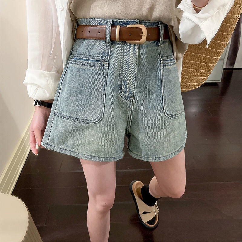 2023 Summer new Korean style Denim shorts women's high waist slimming wide leg pants light blue washed word hot pants fashion