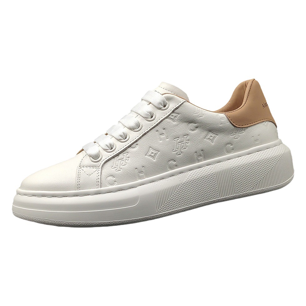 Men's top layer cowhide white sneakers men's fashionable shoes European men's shoes genuine leather high-end embossed casual white shoes