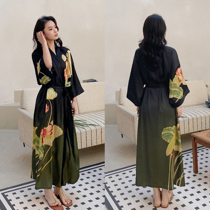 Picture of Yaoting Satin Printed Pajamas for Women Summer Large Size Accessible Luxury Three-Quarter Sleeves Cool Long Nightgown Home Wear Women Wp2669