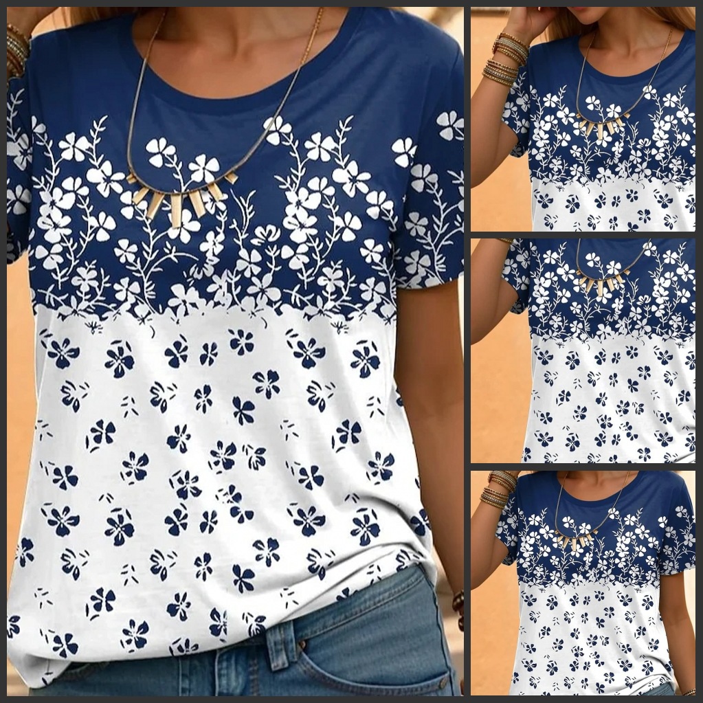 Amazon independent station 2024 new hot girl tight floral ethnic style casual round neck T-shirt top