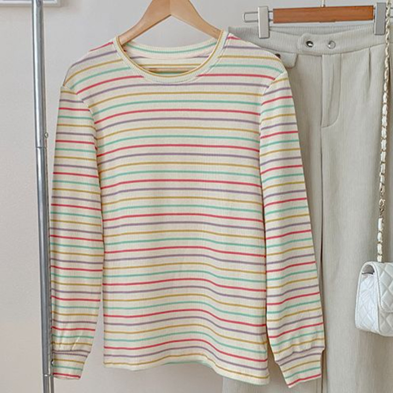 Japanese Colorful Striped T-shirt Women's 2025 New Spring and Autumn Long-sleeved Stylike Age-reducing Loose Casual Top T-shirt