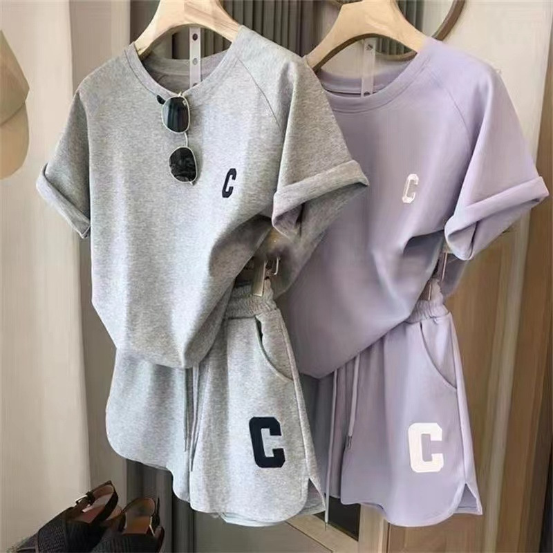 Original Quality Amazon Korean Style Women's Summer Loose Short-Sleeved T-Shirt Shorts Sports Embroidered Letters Casual Suit