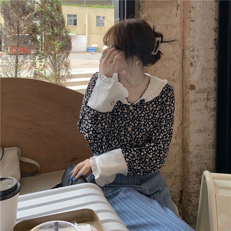 Floral print long-sleeved shirt for women 2024 spring new Korean style design loose shirt light mature all-matching top