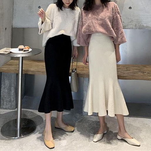 Spring and Autumn new sexy high waist slim knit fishtail hip skirt ruffled solid color mid-length skirt women's clothing