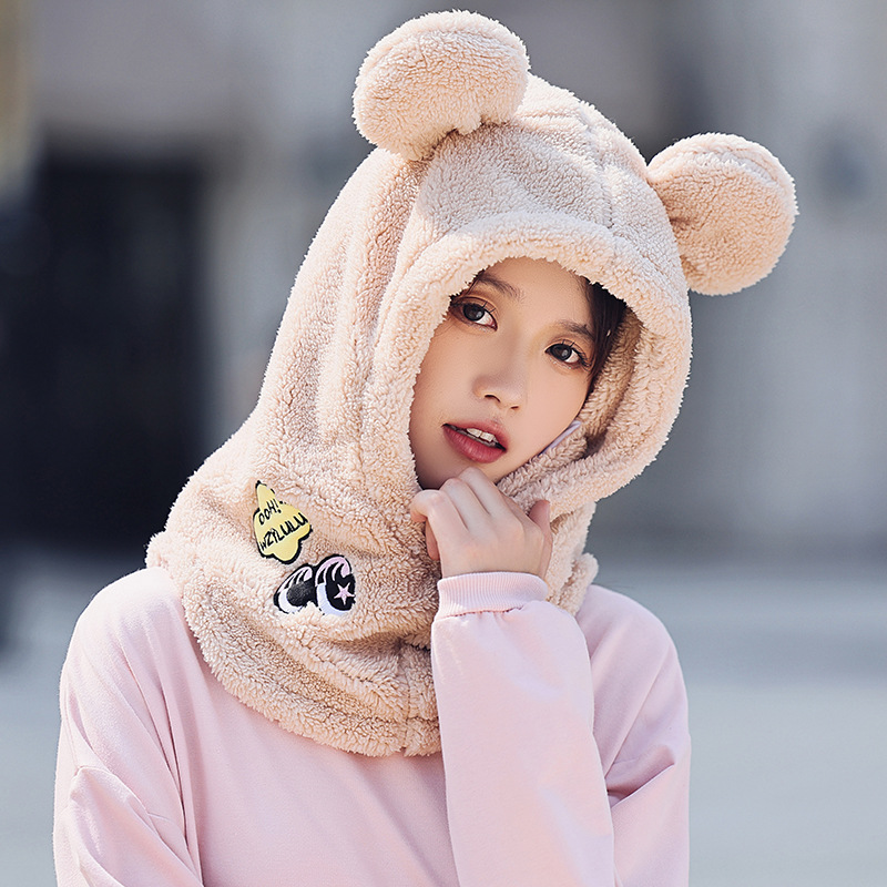 Picture of Winter Warm Series Cute Bear Hat Mask All-in-One Women's Ear Protector Cycling Warm Ski Helmet plush Hat