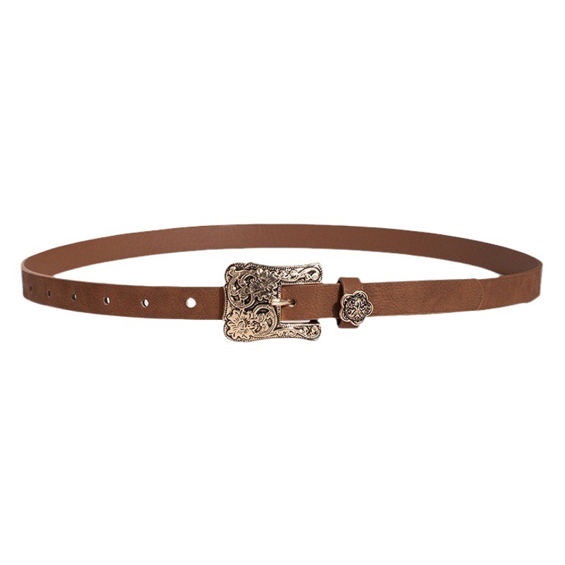 New Ancient Silver Vintage Carved European and American Casual Women's Thin Belt Women's Black Thin Belt Women's All-match Classic Belt for Women