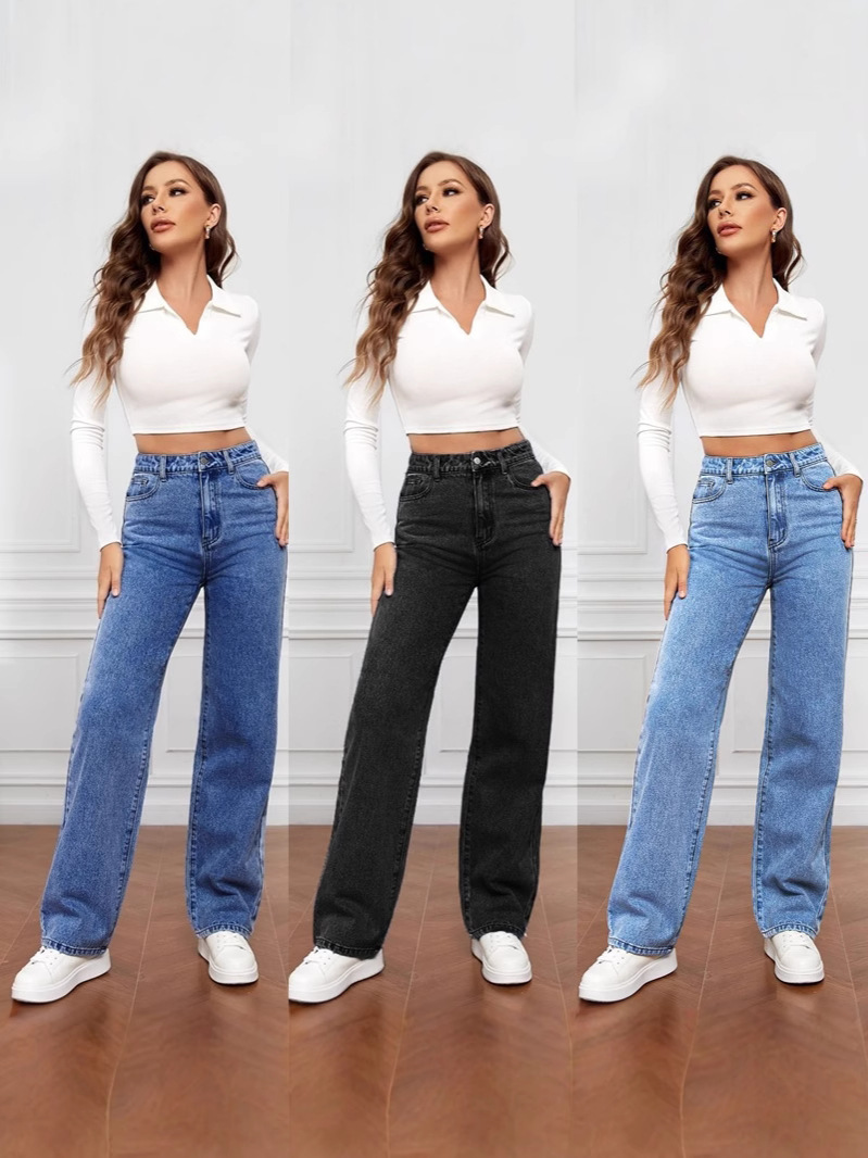 Cross-Border European and American Export Amazon Wish Aliexpress 2025 Autum New Casual Wide-Leg High-Waist Jeans for Women