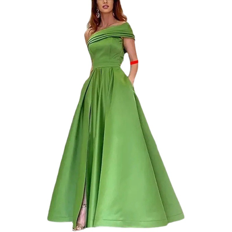 Romantic Party Dress High-End Large Swing Green High Slit Sexy Tutu Skirt One-Shoulder Satin Dress
