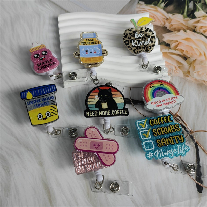 Amazon spot glitter acrylic sheet easy pull button nurse retractable rainbow badge certificate keychain