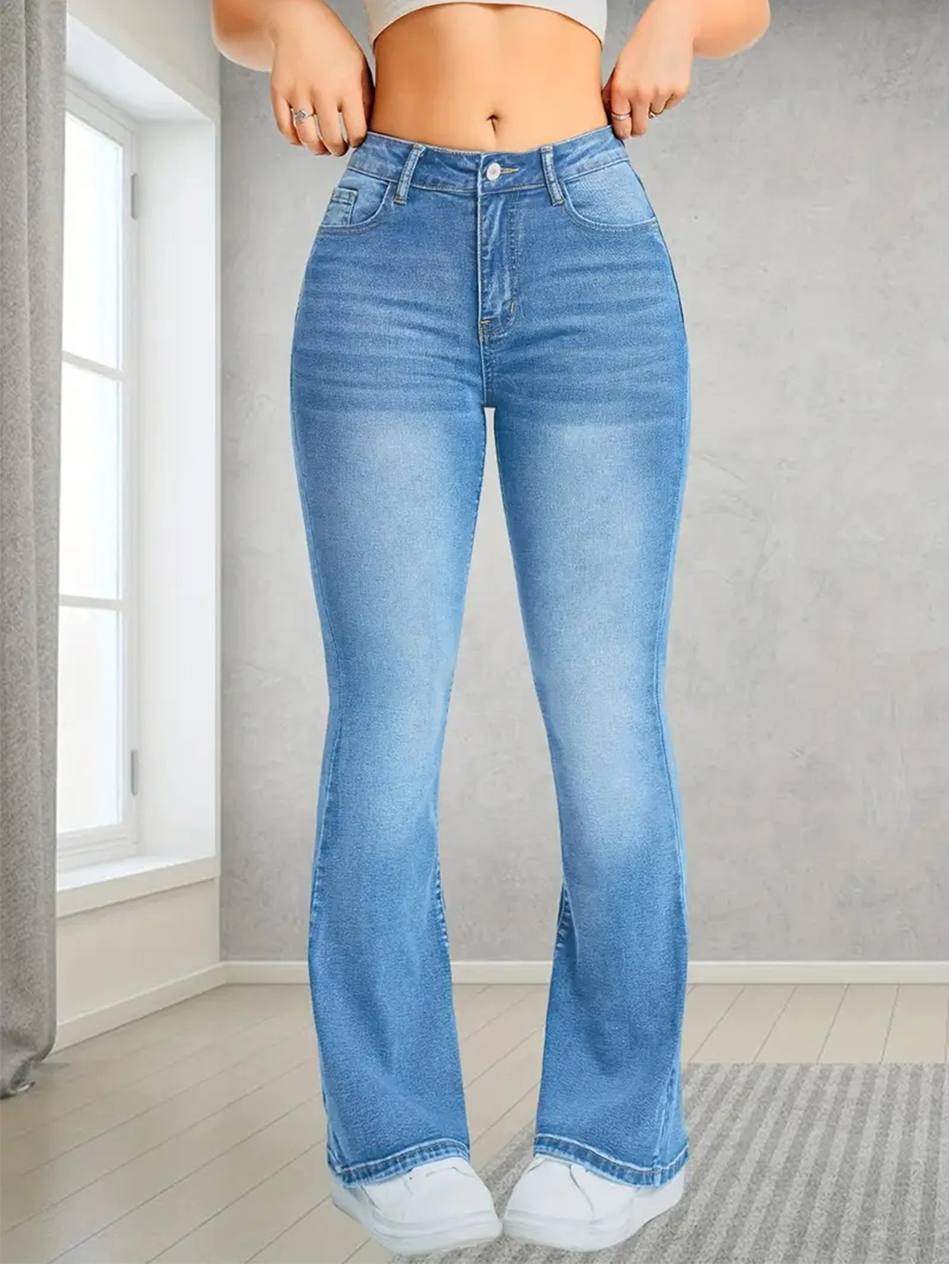 European and American Cross-Border Women's Jeans Stretch Multi-Craft Flap Pocket Pants Design Loose Bell Bottoms Slim Light Blue Trousers