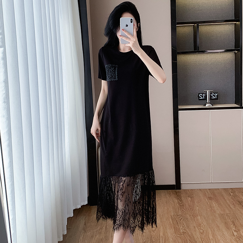 Light Luxury Lace Stitching Exquisite Embroidered T-shirt Round Neck dress Summer Elegant Western Style Slimming Midi Dress