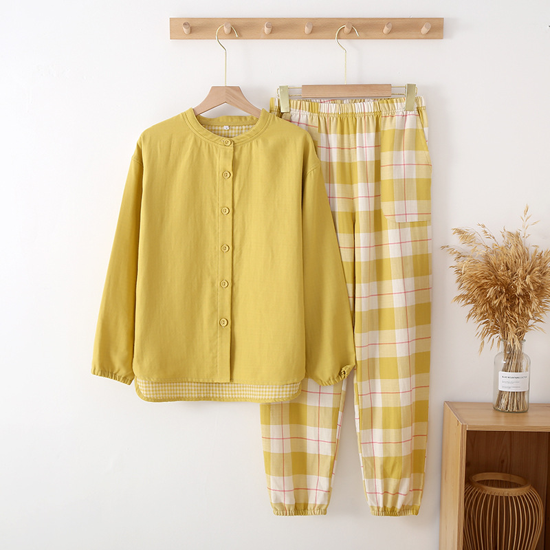 Picture of Spring and Autumn Thin Yarn-dyed Gauze Women's Pure Cotton Pajamas Suit Japanese Style Long Sleeve Pullover Plaid Exterior Wear