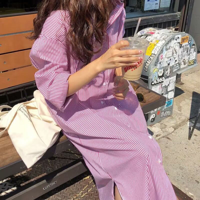 Shirt Dress 2024 Spring and Summer New Shirt Mid-length Loose Stripesd Long-sleeved Over-the-knee Beach Skirt