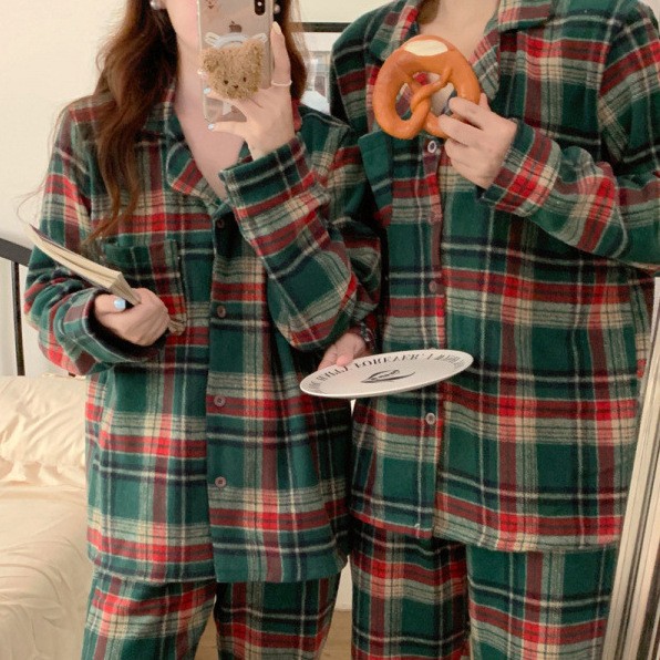 South Korea ins Ladies 2 Color Couple New Winter Christmas Thickened Plaid Pajamas Home Clothes Pajamas suit Wholesale