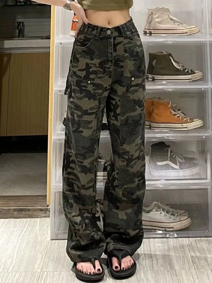 Picture of Army Green Camouflage Jeans for Women 2025 Spring and Autum Ins High Street New Loose K-Style Slimming Look Straight Wide Legs