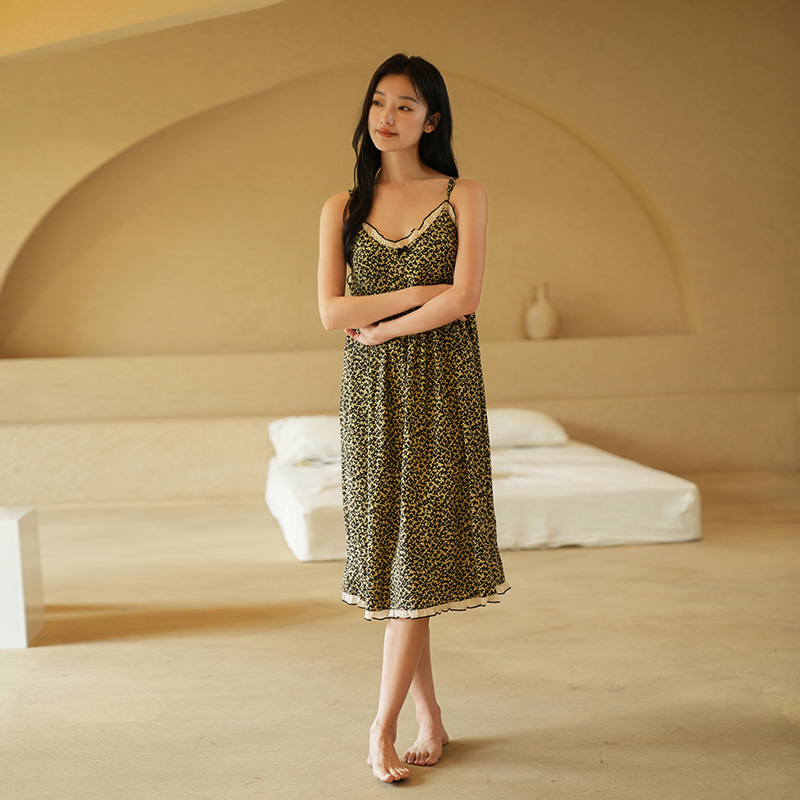 Sling Nightgown Women's Summer Sleeveless Sexy V-Neck Small Floral Thin Cool Modal Pajamas with Chest Pad