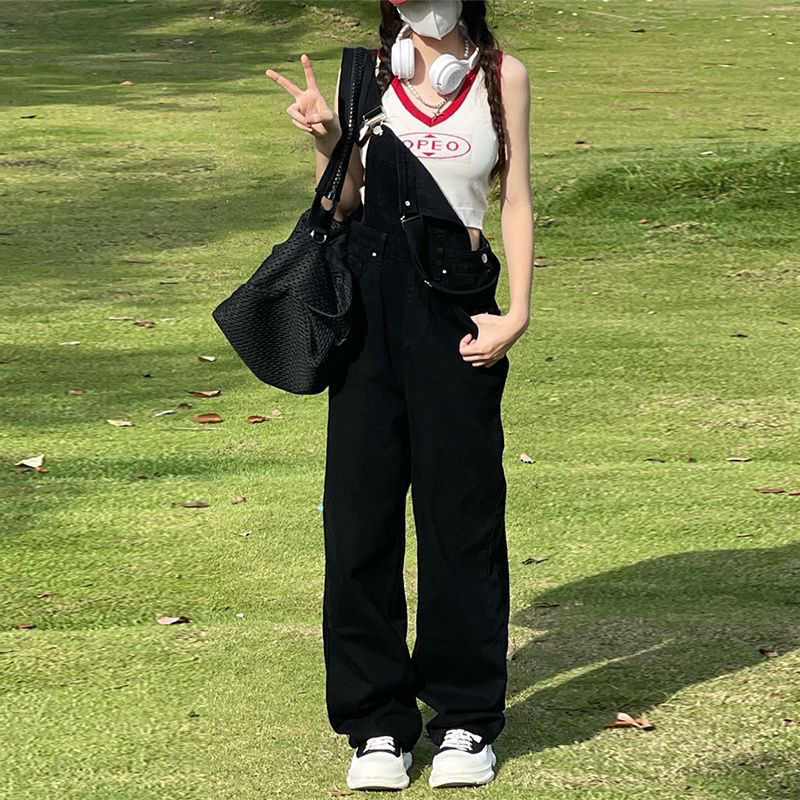 Korean style hot girl Denim suspender pants women's 2024 Summer new high waist slimming loose retro mop wide leg pants fashion