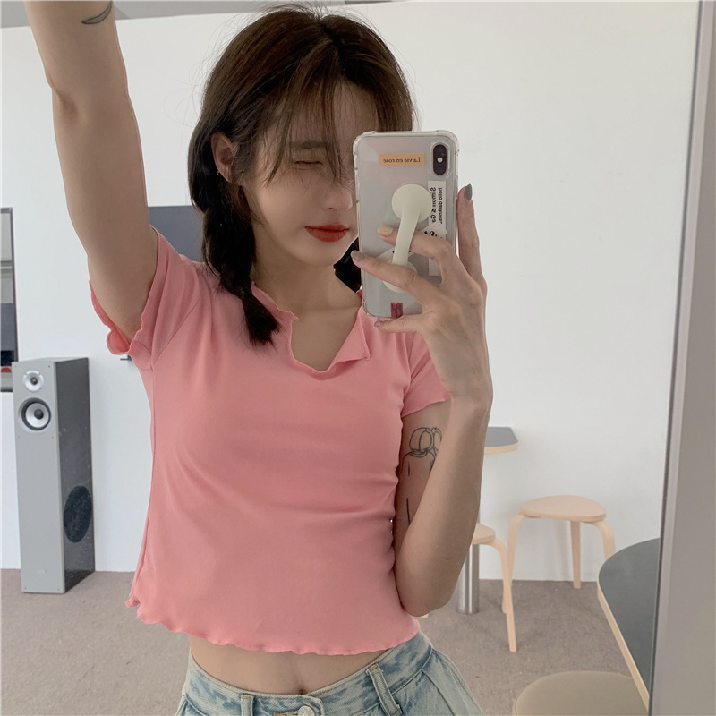 Slim-fit Clavicle T-shirt Women's Design Sense V-neck Short-sleeved 2025 Summer Short Navel-exposed Spice Girl Top Women's Fashionable Clothes