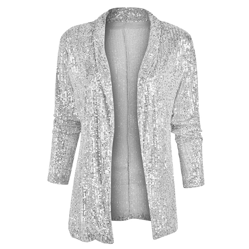 Picture of 2025 Spring New European and American Amazon Sequined Long-Sleeved Elegant Mid-Length Small Suit Lapel Pure Color Jacket for Women