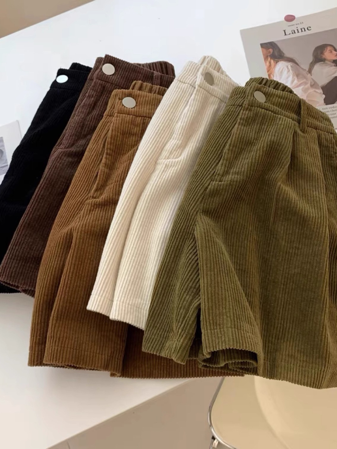Vintage Corduroy Shorts Women's Spring and Autumn New High Waist Straight Loose Slimming All-match Outer Wear Casual Wide-leg Boots Pants