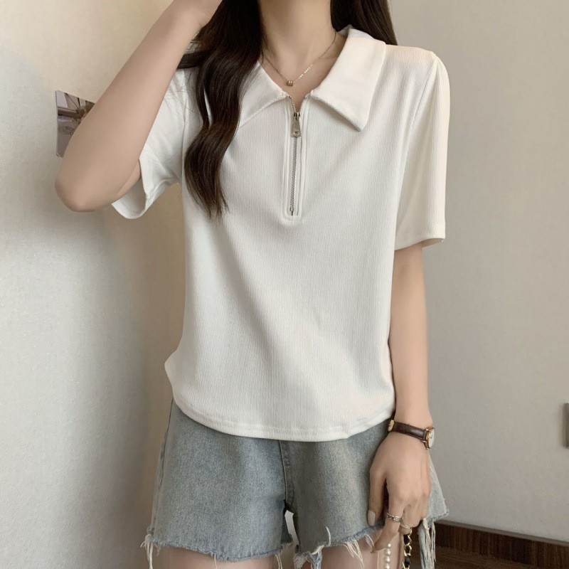 chubby girl plus size women's fashion half zipper polo collar short sleeve T-shirt summer new front shoulder slimming all-match top