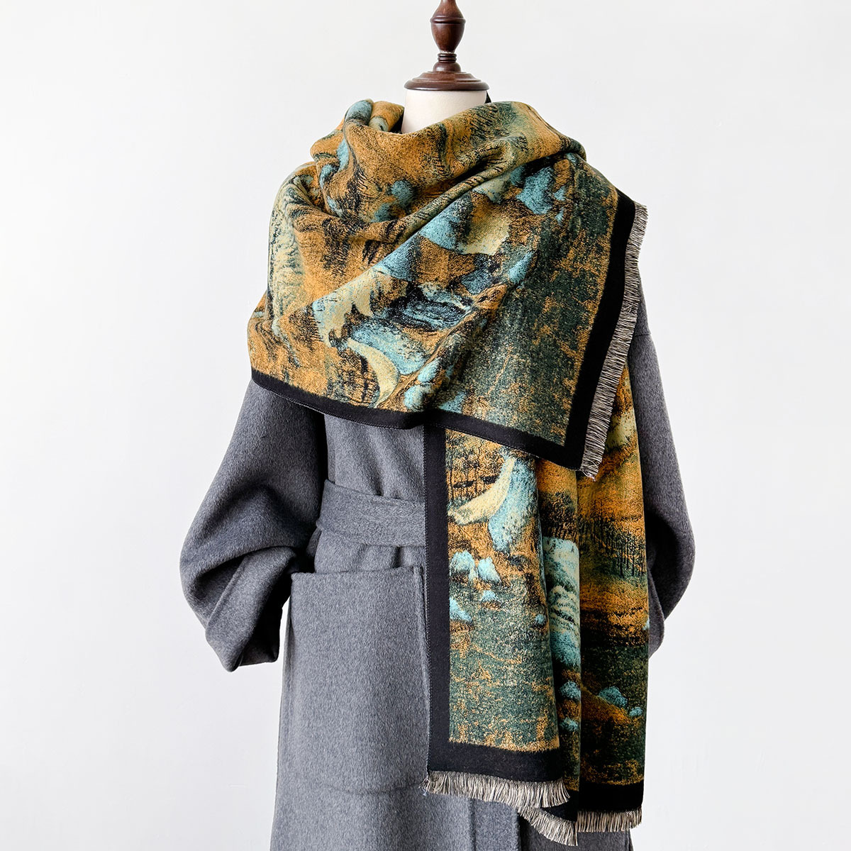 National Style New Chinese Style Thousand Miles Jiangshan Short Thickened Double-Sided Scarf Air-conditioning Room Shawl Winter Women's Outer Cape Women