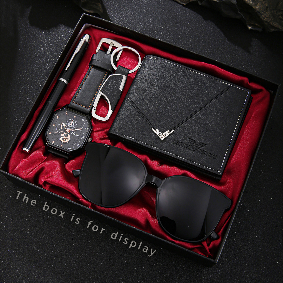 2025 Cross-Border Decoration Fashion Double-Layer Square Shell Belt Casual Men's Quartz Watch 5-Piece Gift Box Set