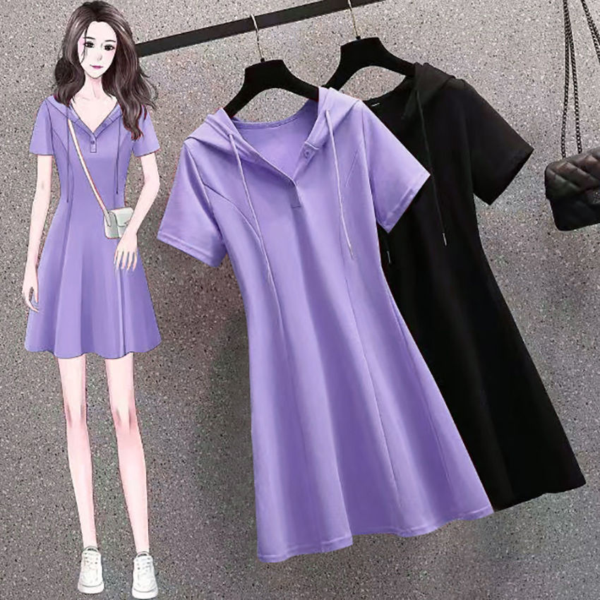 Hooded Dress for Women 2023 Summer New Short-Sleeved Elegant Fashionable Waist Slimming Look Mid-Length Skirt That Covers the Flesh