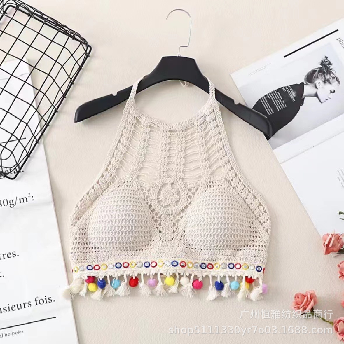 Picture of Beach Knitted Tassel Crochet Vest Popular Retro Neck Wrap Top Sexy Camisole Foreign Trade Spot