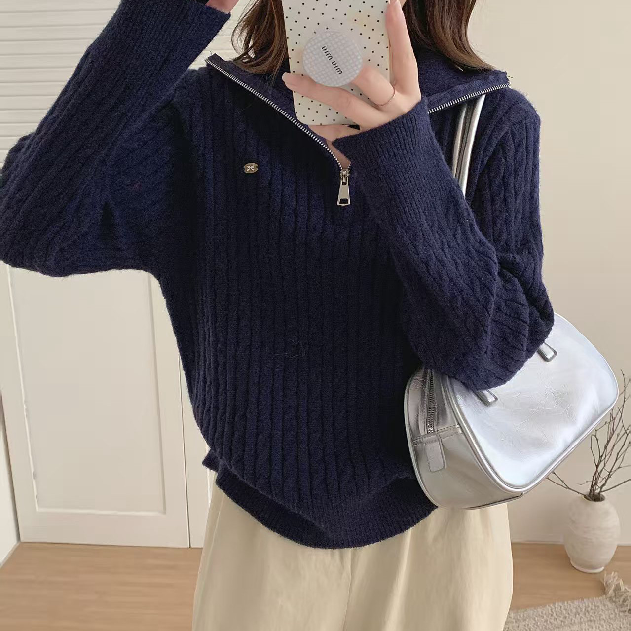 5 Colors in Stock Cherry Red Pullover Sweater for Women with Zipper, Loose Lazy Style, Thickened Cable Knit, Fashionable for Autumn and Winter