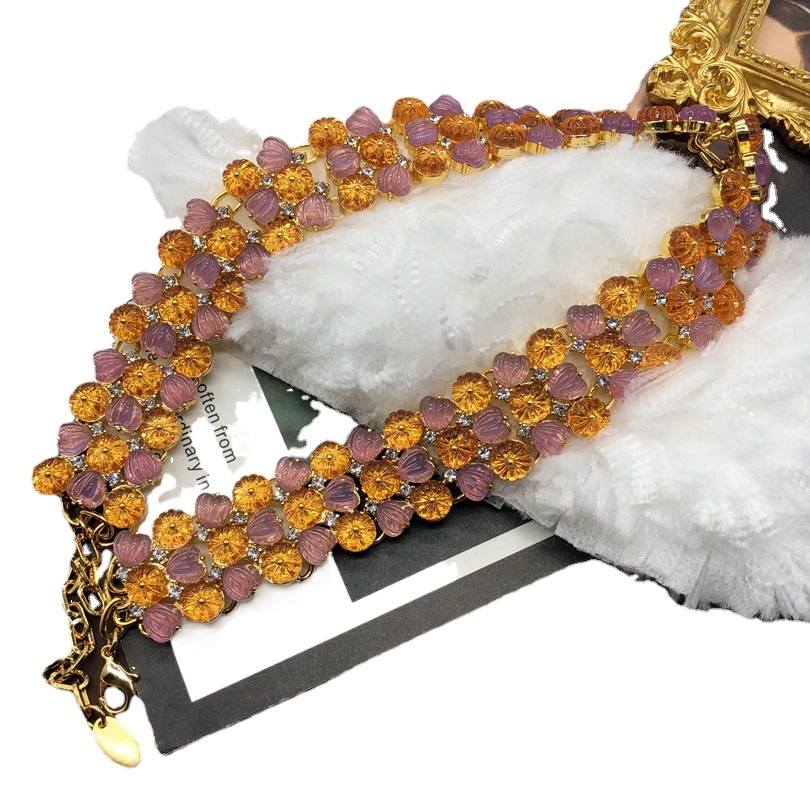 European and American Retro Colorfulful Heart Flower Jelly Glass Short Necklace Bracelet Braided Choker Bracelet Set