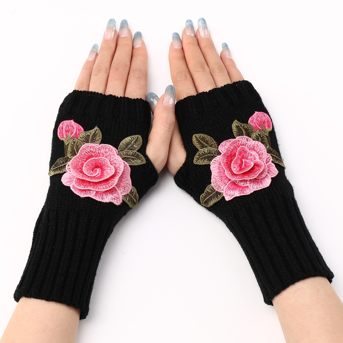G298 Short Fashion Flower Gloves New Autumn and Winter Women's Knitted Wool Sleeves Warm Half-Finger Fingerless Gloves
