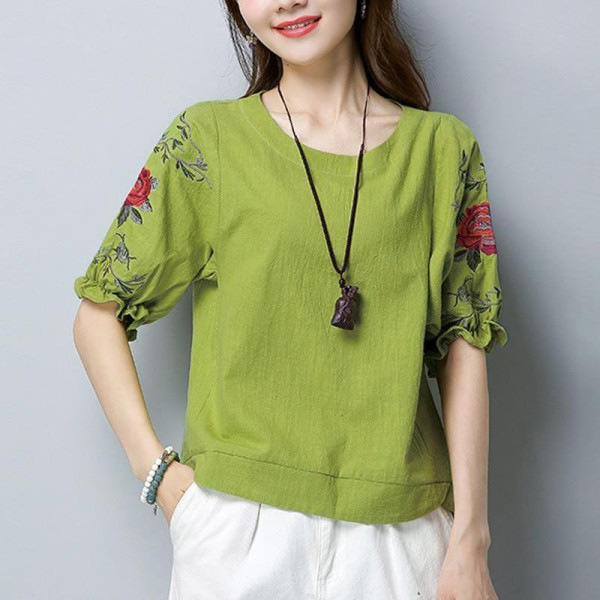 Embroidered Imitation Cotton and Linen T-shirt Women's Summer Large Size Belly Covering Slimming Top Middle Sleeve White Loose Short Sleeve T-shirt