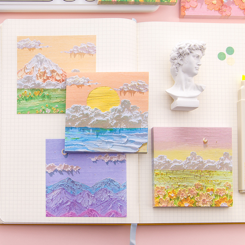 Picture of Korean version of ins landscape oil painting Three-dimensional Post-it notes high color value hand note paper sticky Japanese notepad