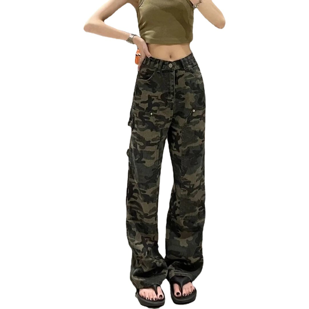 Picture of Army Green Camouflage Jeans for Women 2025 Spring and Autum Ins High Street New Loose K-Style Slimming Look Straight Wide Legs